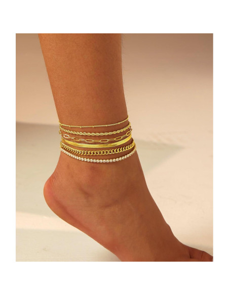 Conjunto de 6 Pulseras de Tobillo Doradas DEARMAY 14K Conjunto de 6 Pulseras de Tobillo Doradas DEARMAY 14K