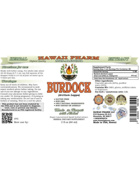 Extracto Líquido de Bardana Orgánica Hawaii Pharm 60 ml Extracto Líquido de Bardana Orgánica Hawaii Pharm 60 ml