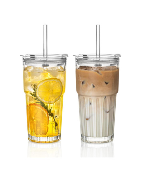 Juego de 2 Vasos de Vidrio INSETLAN 600 ml con Tapas y Pajitas Juego de 2 Vasos de Vidrio INSETLAN 600 ml con Tapas y Pajitas