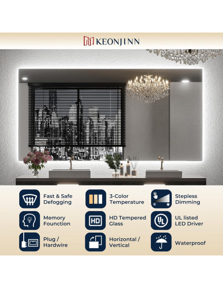 Espejo de Baño LED Keonjinn 61x91 cm Retroiluminado 3 Colores Espejo de Baño LED Keonjinn 61x91 cm Retroiluminado 3 Colores