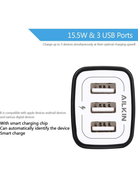 Cargador de Pared AILKIN 3USB 3.1A Rápido para iPhone y Samsung Cargador de Pared AILKIN 3USB 3.1A Rápido para iPhone y Samsung
