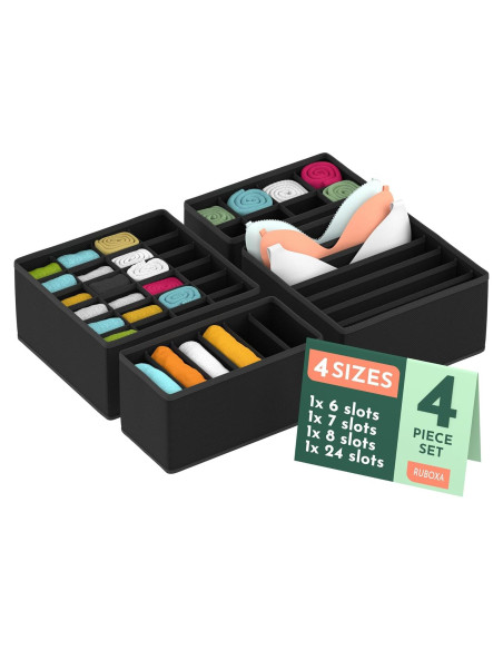 Organizador de Cajones RUBOXA 4 Pk Tela Negra 45 Compartimentos Organizador de Cajones RUBOXA 4 Pk Tela Negra 45 Compartimentos