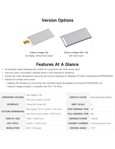 Pantalla E-Paper 3.5" Waveshare G, 384x184 píxeles, 4 colores Pantalla E-Paper 3.5" Waveshare G, 384x184 píxeles, 4 colores
