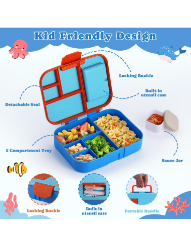 Caja Bento QQKO Azul 1300ml con 5 Compartimentos y Utensilios
