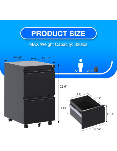 Gabinete de Archivos Aobabo 2 Cajones Metal Negro con Cerradura Gabinete de Archivos Aobabo 2 Cajones Metal Negro con Cerradura