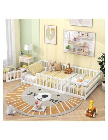 Cama de Piso Twin Giantex Blanca Montessori con Barandillas Cama de Piso Twin Giantex Blanca Montessori con Barandillas