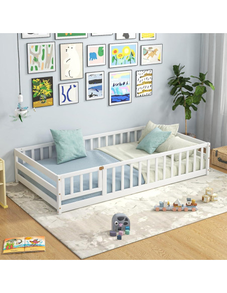 Cama de Piso Twin Giantex Blanca Montessori con Barandillas Cama de Piso Twin Giantex Blanca Montessori con Barandillas