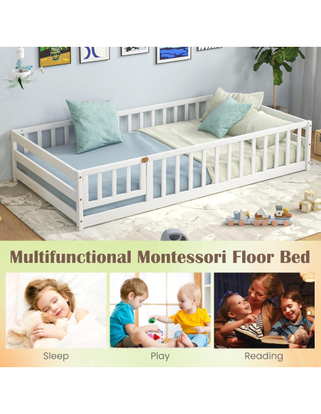 Cama de Piso Twin Giantex Blanca Montessori con Barandillas Cama de Piso Twin Giantex Blanca Montessori con Barandillas