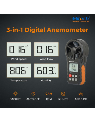 Anemómetro Digital Elitech ANE-200W Bluetooth, Medición de Viento y Temperatura