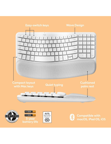 Teclado Ergonómico Inalámbrico Logitech Wave para Mac - Blanco