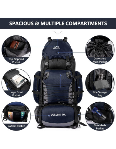 Mochila de Senderismo 90L Azul con Funda Impermeable