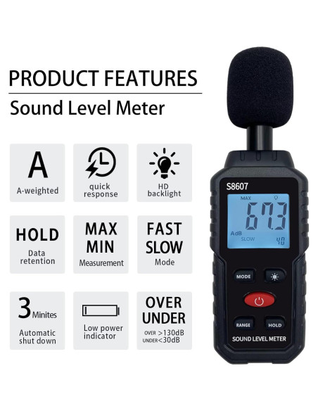 Medidor de Nivel de Sonido Digital S8607 30-130dBA Preciso Medidor de Nivel de Sonido Digital S8607 30-130dBA Preciso