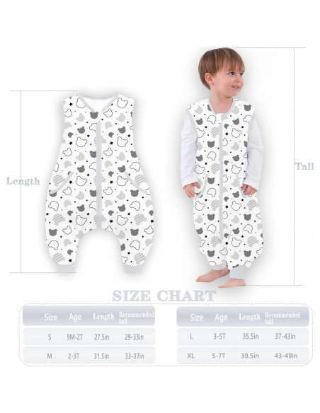 Saco de dormir para niños 2T-3T Oso con piernas 0.5 Tog Saco de dormir para niños 2T-3T Oso con piernas 0.5 Tog