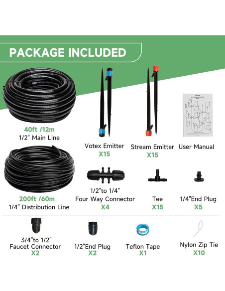 Kit de Riego por Goteo Riboud 240FT con Mangueras y Accesorios Kit de Riego por Goteo Riboud 240FT con Mangueras y Accesorios