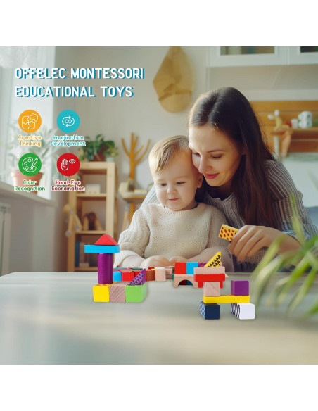 Bloques de Construcción de Madera Offelec 50 Piezas para Niños Bloques de Construcción de Madera Offelec 50 Piezas para Niños