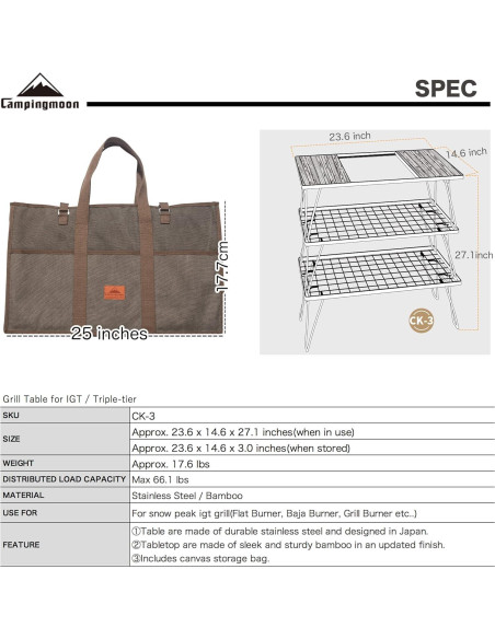 Mesa de Asado Campingmoon CK-3 Acero Inoxidable Plegable Mesa de Asado Campingmoon CK-3 Acero Inoxidable Plegable