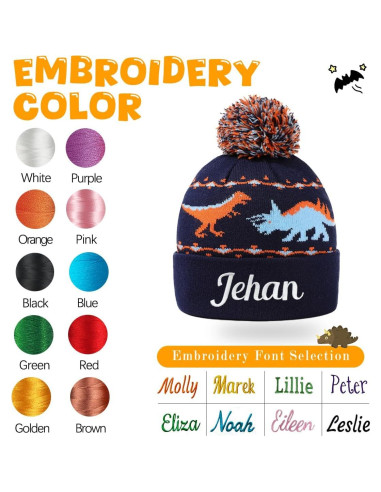 Gorro de bebé personalizado azul dinosaurio con nombre bordado