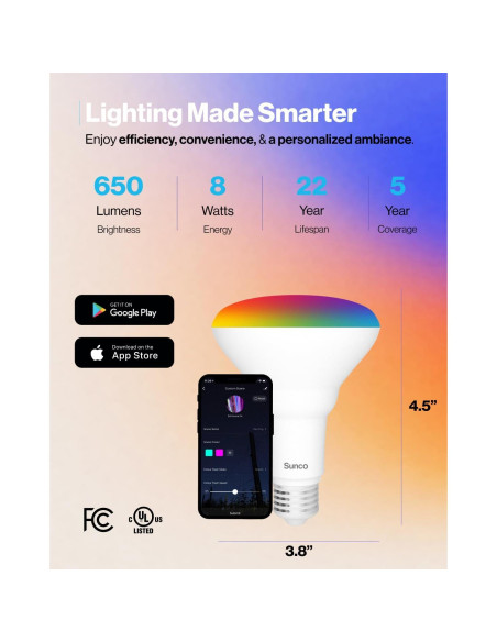 Bombillas LED Inteligentes Sunco BR30 RGB 8W, Control por Voz, Paquete de 6 Bombillas LED Inteligentes Sunco BR30 RGB 8W, Control por Voz, Paquete de 6