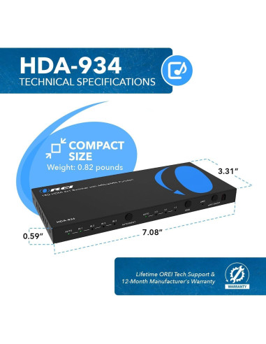 Extractor de Audio HDMI OREI HDA-934 4K 60Hz con 3 Entradas