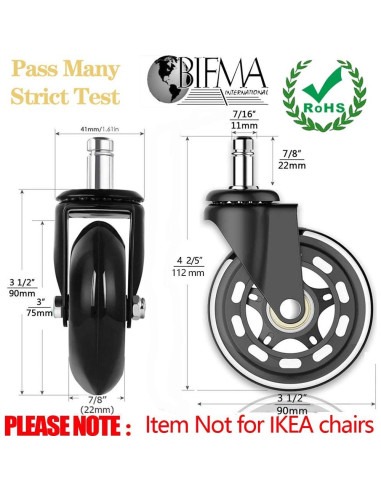 Ruedas de Silla de Oficina HOSALI 3" Goma Suave Juego de 5