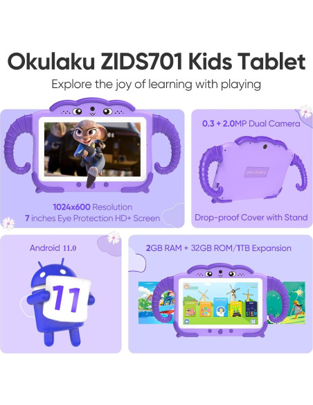 Tableta para Niños Okulaku ZIDS701 7" 32GB Android 11 con Control Parental Tableta para Niños Okulaku ZIDS701 7" 32GB Android 11 con Control Parental