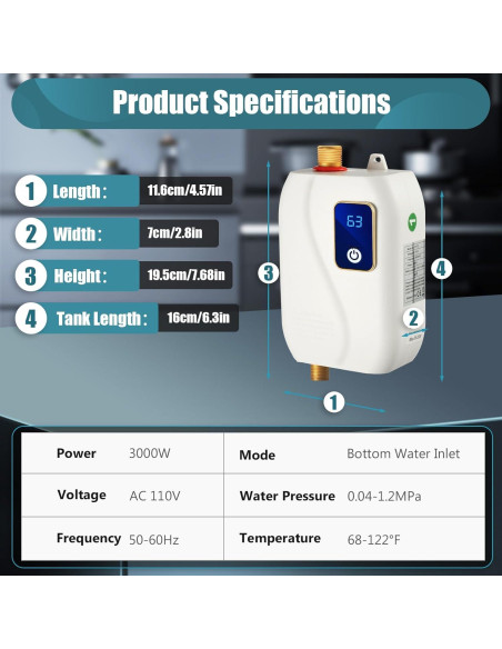 Calentador de Agua Instantáneo Eléctrico Fagauhds 3000W 110V Calentador de Agua Instantáneo Eléctrico Fagauhds 3000W 110V