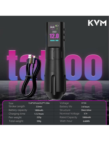 Kit de Tatuaje KVM Profesional con Pantalla IPS y 20 Cartuchos