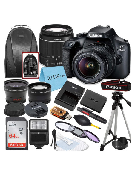 Cámara DSLR Canon EOS 4000D con Lente 18-55mm y Accesorios Cámara DSLR Canon EOS 4000D con Lente 18-55mm y Accesorios