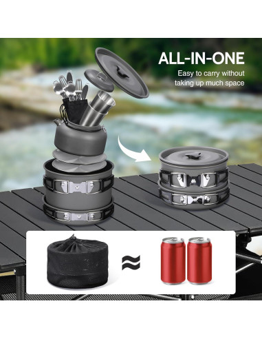 Set de Utensilios de Camping REDCAMP para 4 Personas - Acero Inoxidable