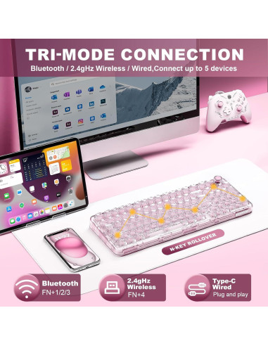 Teclado Mecánico Inalámbrico YUNZII X98 Rosa Interruptor Snow