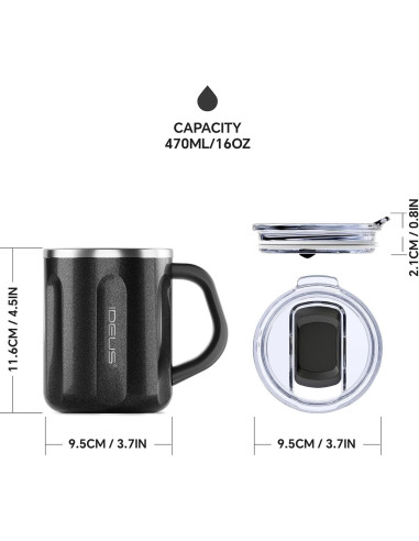Taza de Café Ideus 473 ml Acero Inoxidable Aislada Negra
