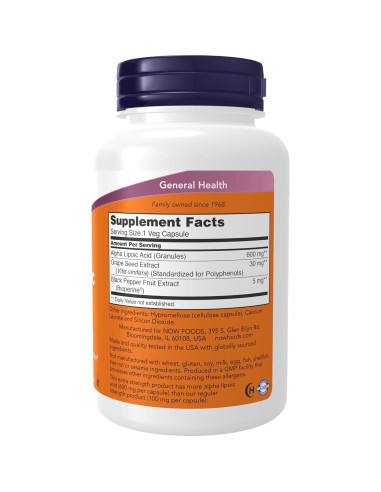 Ácido Lipoico 600 mg NOW Foods con Bioperine, 120 Cápsulas Veganas