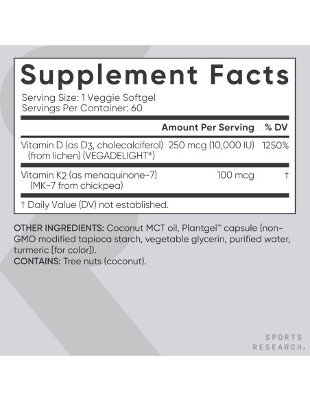 Suplemento Vegano D3+K2 Sports Research 10,000iu - 60 Gelatinas Suplemento Vegano D3+K2 Sports Research 10,000iu - 60 Gelatinas