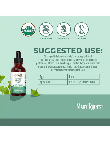 Suplemento Herbal Ginkgo Leaf MaryRuth 30 ml Orgánico Vegano