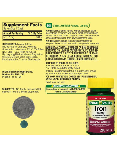 Suplemento de Hierro Spring Valley 65mg - 100 Tabletas Sin Gluten