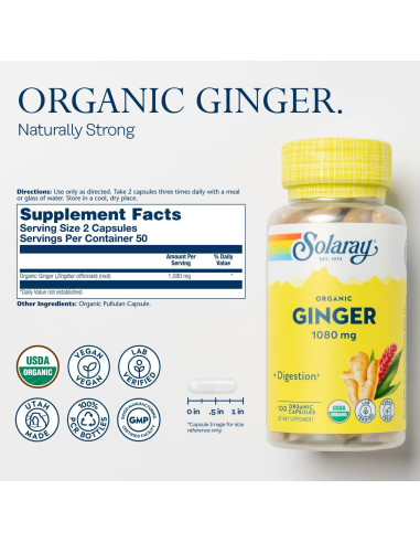 Suplemento de Jengibre Orgánico Solaray 1080 mg - Alivio de Náuseas
