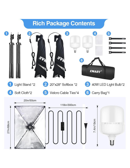Kit de Iluminación Softbox EMART 2x20"x28" con Bombillas LED Kit de Iluminación Softbox EMART 2x20"x28" con Bombillas LED