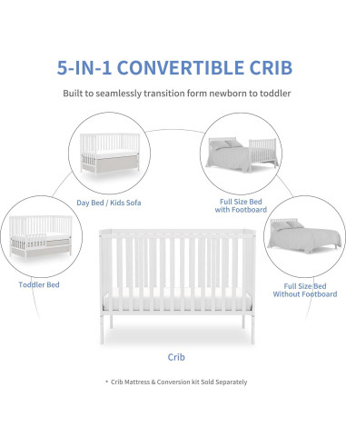 Cuna 5-en-1 Convertible Goldzone Blanca, Madera de Pino, Ajustable