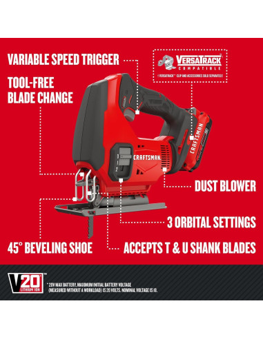 Sierra de Calar Inalámbrica CRAFTSMAN V20 20V, 3 Configuraciones