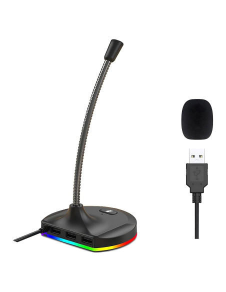 Micrófono USB Blapsuro M8 con Hub 3 Puertos y RGB Micrófono USB Blapsuro M8 con Hub 3 Puertos y RGB