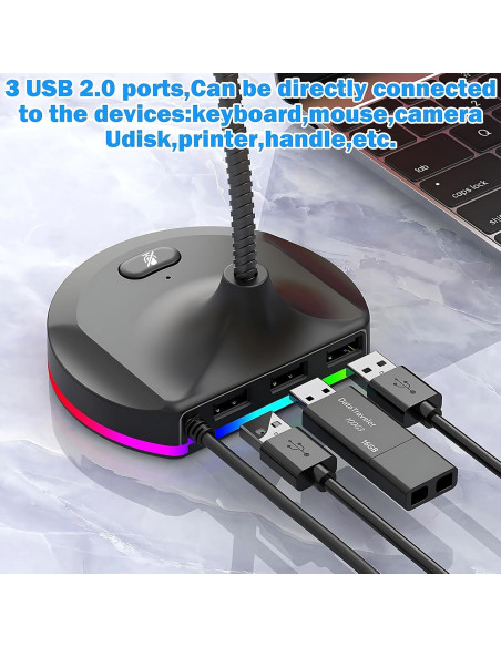 Micrófono USB Blapsuro M8 con Hub 3 Puertos y RGB Micrófono USB Blapsuro M8 con Hub 3 Puertos y RGB