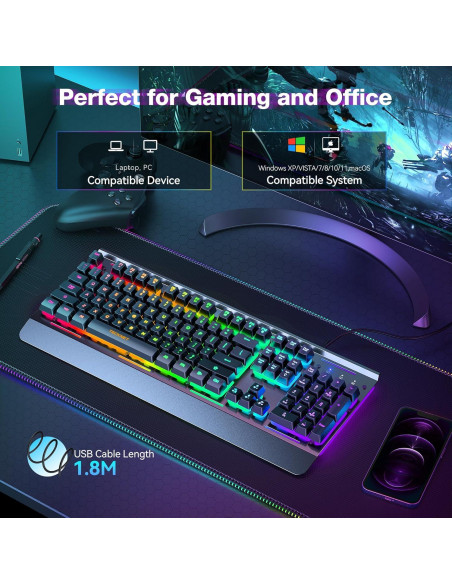 Teclado Gaming TECKNET USB Retroiluminado 7 Colores Silencioso Teclado Gaming TECKNET USB Retroiluminado 7 Colores Silencioso