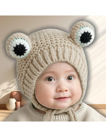 Gorro Beanie Rana Linda Tejido a Mano para Bebés 6-36 Meses Gorro Beanie Rana Linda Tejido a Mano para Bebés 6-36 Meses