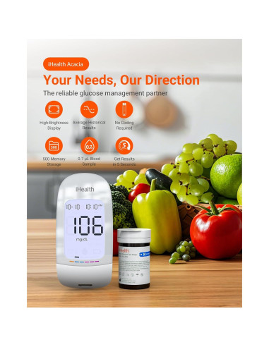 Kit de Monitor de Glucosa iHealth Acacia - 100 Tiras y Lancetas