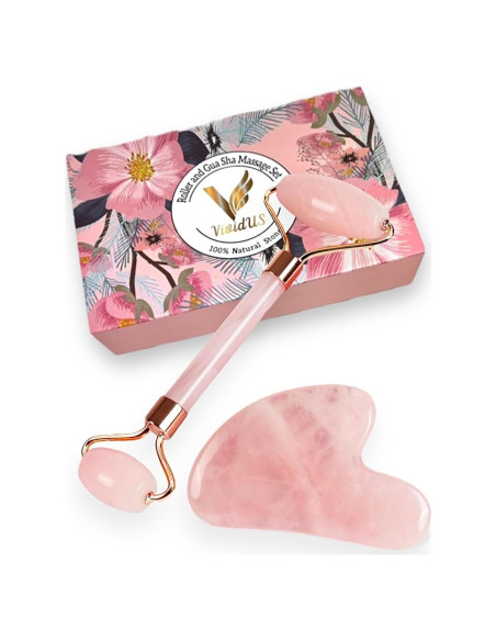 Conjunto Gua Sha y Rodillo de Jade VIVIDUS Rosa para Masaje Facial Conjunto Gua Sha y Rodillo de Jade VIVIDUS Rosa para Masaje Facial