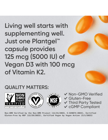 Vitamina D3 K2 Vegana Sports Research 5000 IU - 30 Cápsulas