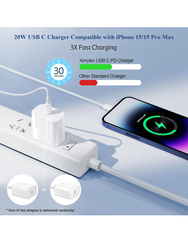 Cargador Rápido USB-C 20W Ximytec + Cable 6FT - 2 Pack