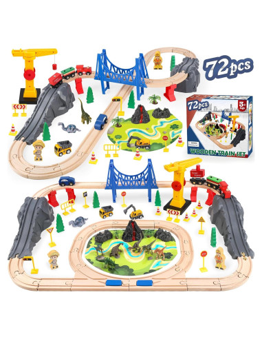 Juego de tren de madera TSDATOWR 72 piezas con grúa y dinosaurios