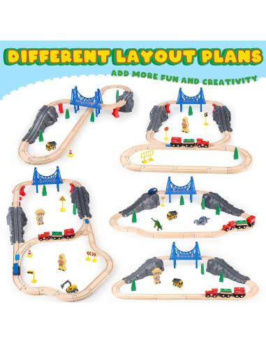 Juego de tren de madera TSDATOWR 72 piezas con grúa y dinosaurios