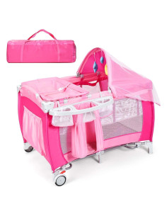 HONEY JOY Parque Infantil 4-en-1 Portátil Rosa con Cuna y Mesa de Cambio